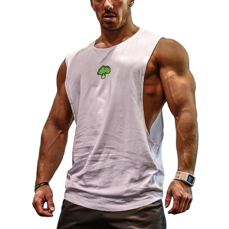 Custom Broccoli Graphics Sleeveless T Shirt Men's Cut Off Shirt Men Deep Cut Gym tank Top Men