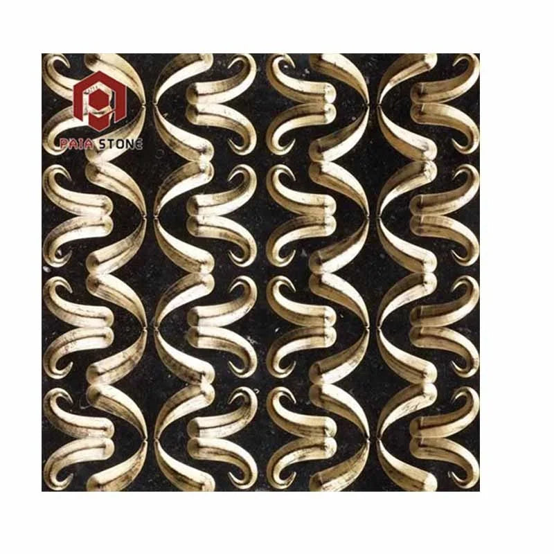 Modern Europe Hotel Interior Wall 3D CNC Carving Black Gold Marble Tiles