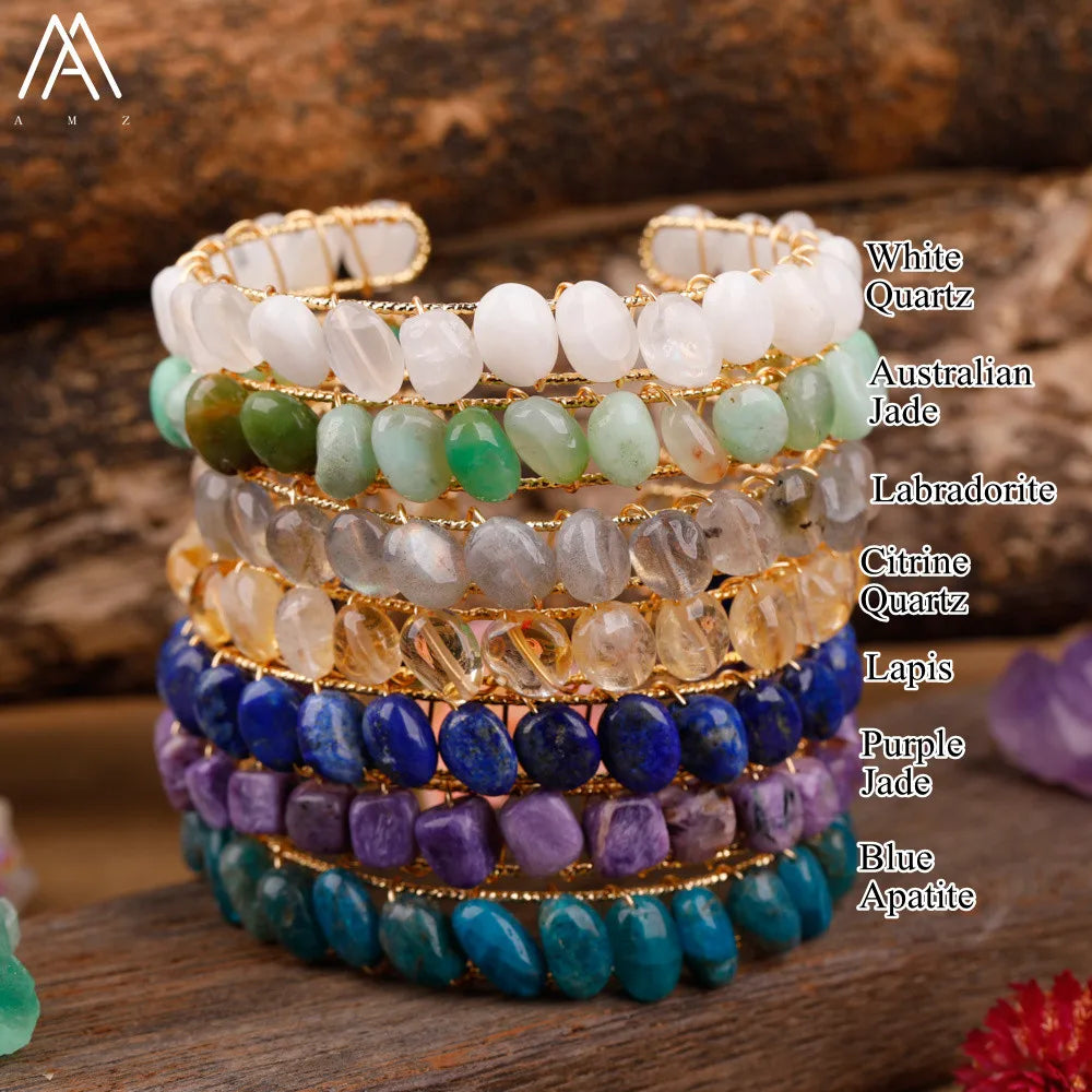 Adjustable Women's Open Cuff Bracelet with Citrine Crystal Gemstone Chip Beads Healing Mineral Stone Fashion Bangle