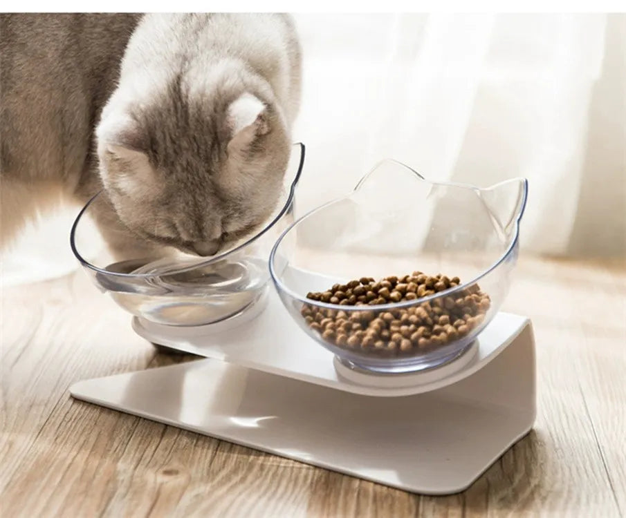 15 Degree Elevated Cat Food Bowls with Silicone Pet Mat Double Raised Cat Transparent Plastic Bowl with Stand