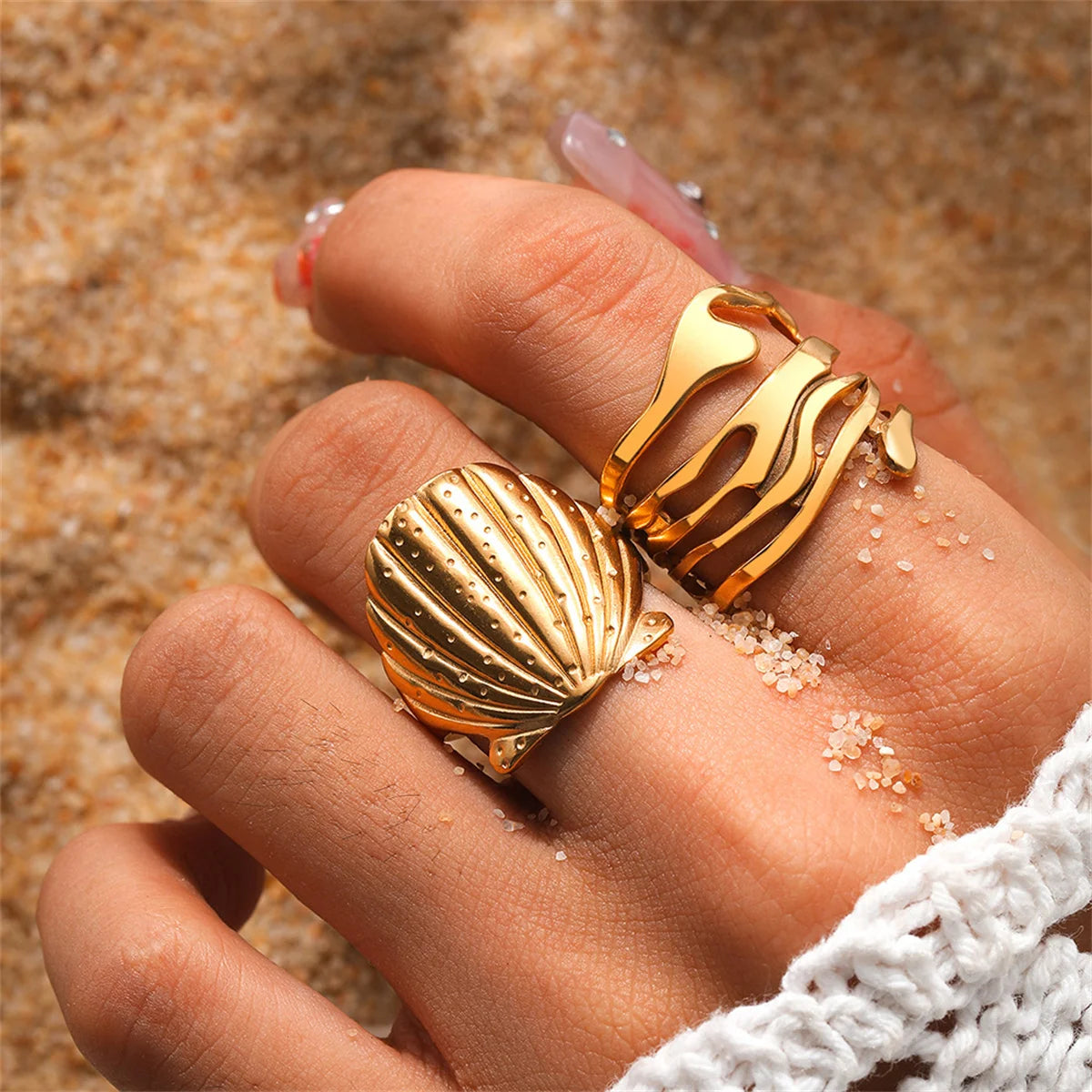 2 Pcs/Sets Waterproof Stainless Steel Shell Rings for Women Trendy Ladies Open Adjustable Finger Ring Fashion Hand Jewelry Gifts