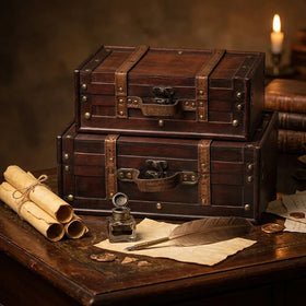 Decorative Rectangle Wooden Lacquer Storage Trunk-Set of 2 Vintage Suitcase Chests with Straps Antique Box