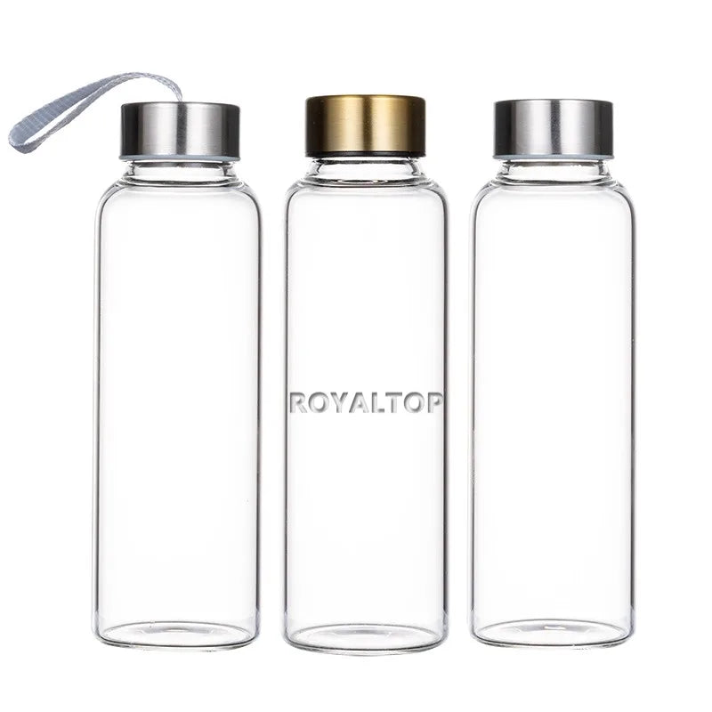 OEM 350ml 500ml 750ml 1L Reusable Clear Borosilicate Glass Metal Gold Lid Water Bottle with Custom Logo & Capacity