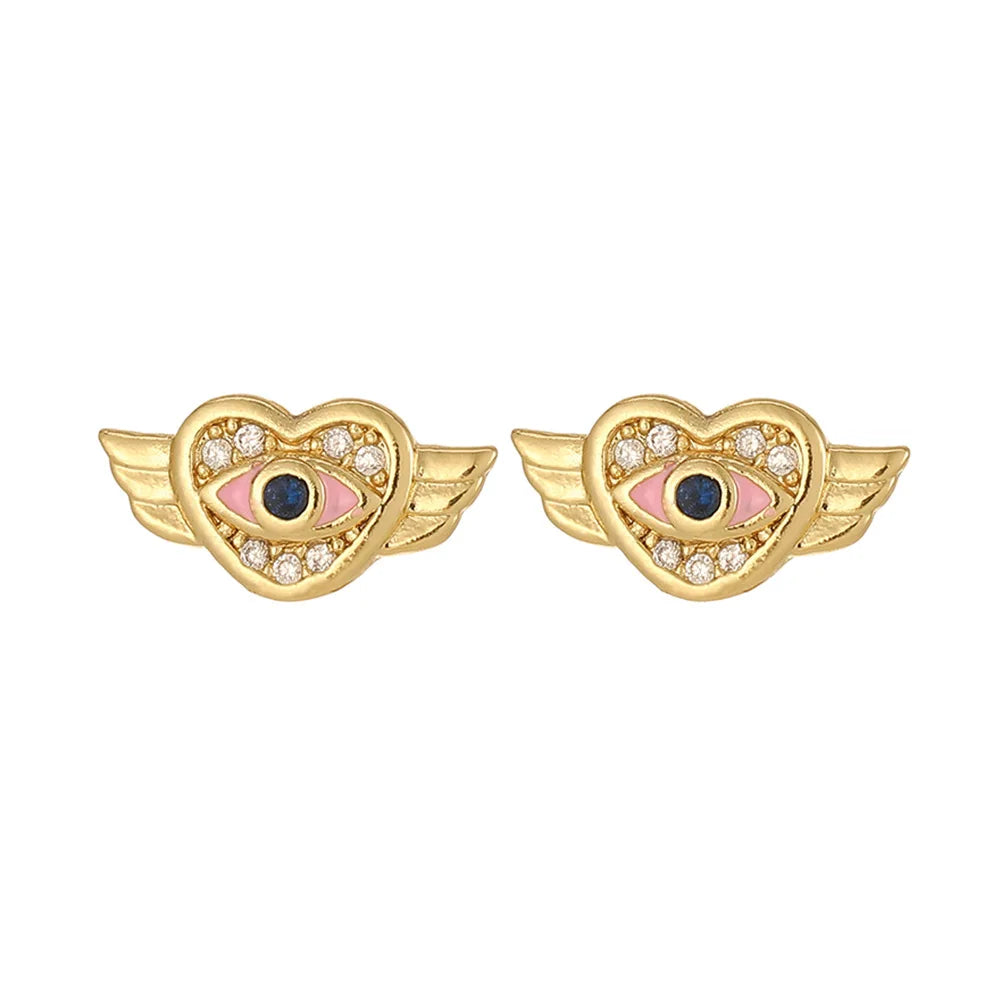 LC202312181 Wholesale Fashion Women Brass Zircon Turkish Evil Eye Angel Wing Heart Earrings Jewelry