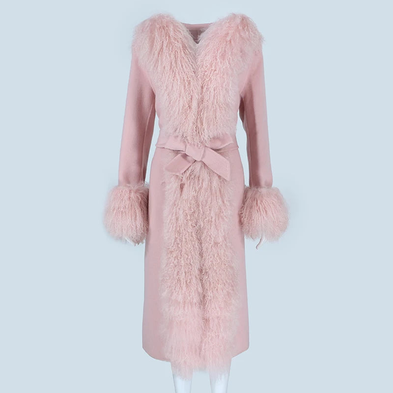 OFTBUY 2023 Women's Winter Jacket Natural Mongolia Sheep Fur Coat with Collar Hood New X-Long Woolen Outerwear Zipper Closure