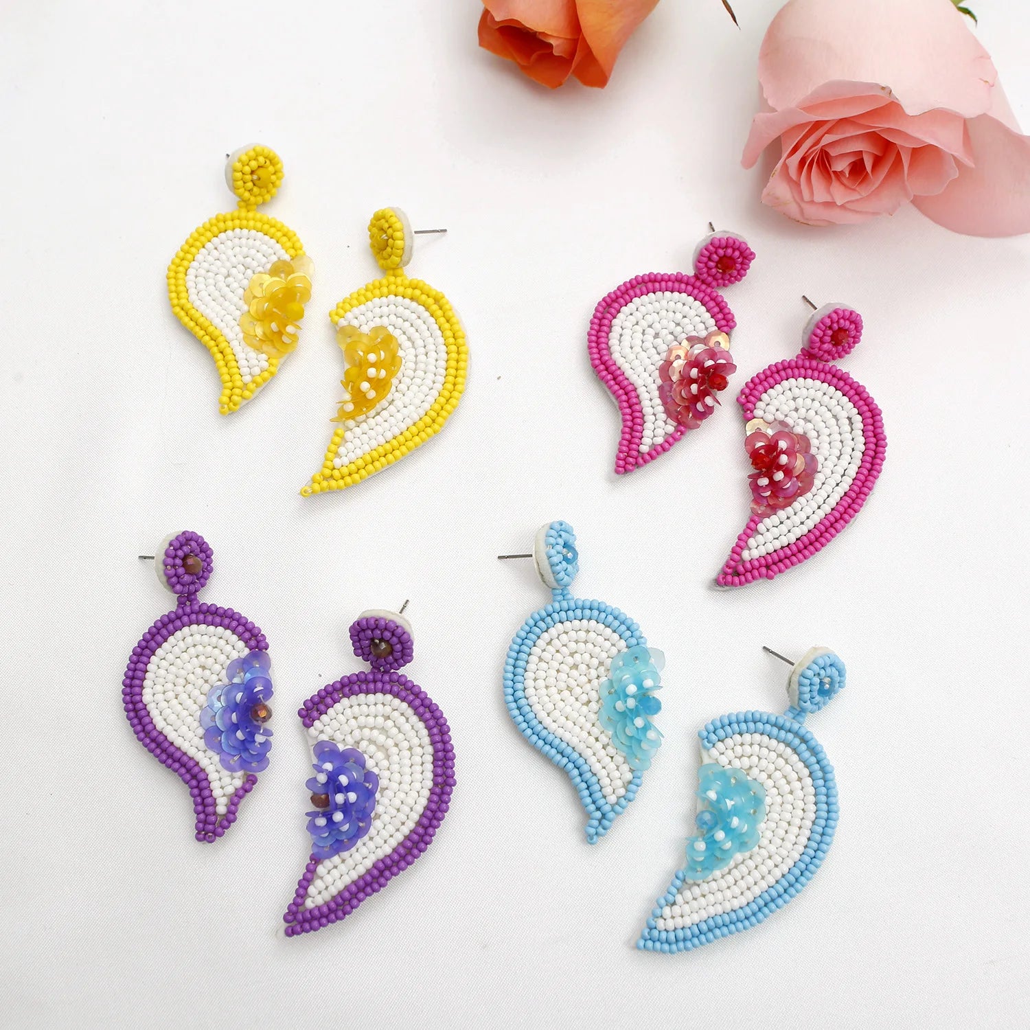 Lancui Factory Sales Women Boho Sequin Flower Miyuki Colorful Seed Bead Stud Heart Drop Earrings Bead
