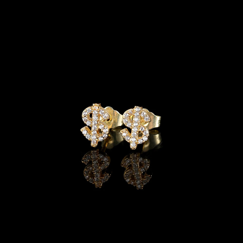 Hip Hop Jewelry Stud Earrings Iced Out 3A Zircon Dollar Sign Gold Plated Earrings for Men