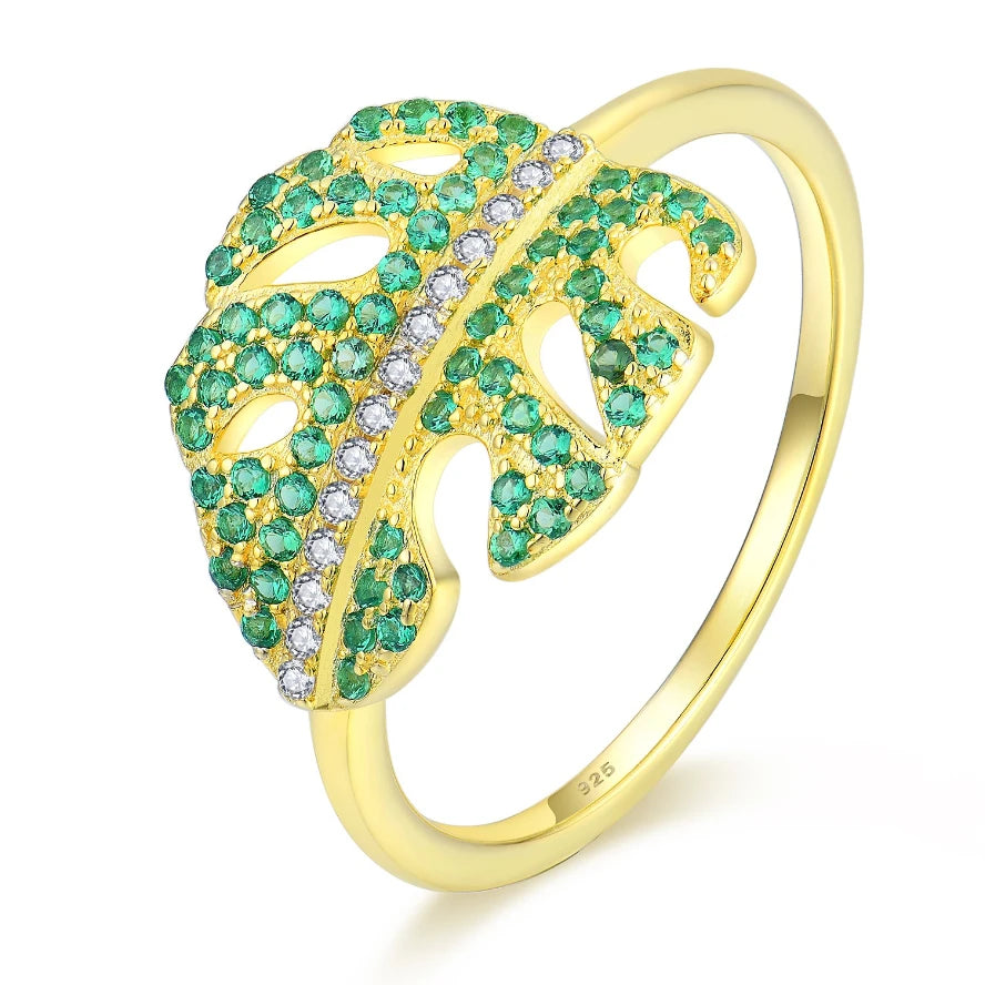 Elegant 925 Sterling Silver Leaf Ring Premium Gold Plated with Green Cubic Zirconia for Weddings and Parties