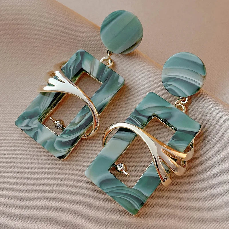 2023 GT Vintage 925 Silver Needle Green Acrylic Earring Unique Gold Plated Zircon Geometric Square Earring for Women