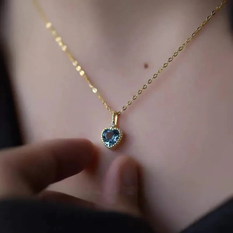 Valentine's Day Gift Luxury Sky-blue Color Heart Zircon Pendant 14K Gold Plated Sterling Silver 925 Jewelry Necklace