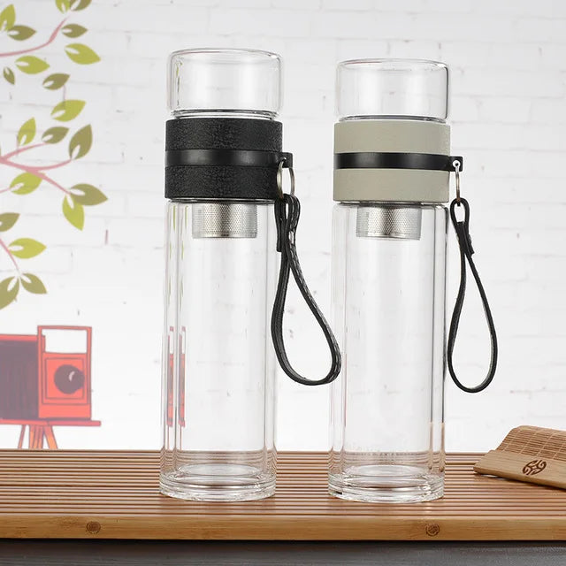 2024 Hot Selling Morden 350ml clear Double Wall Seperate Cup Leakproof Borosilicate Glass Tea Infuser Water Bottle Custom logo
