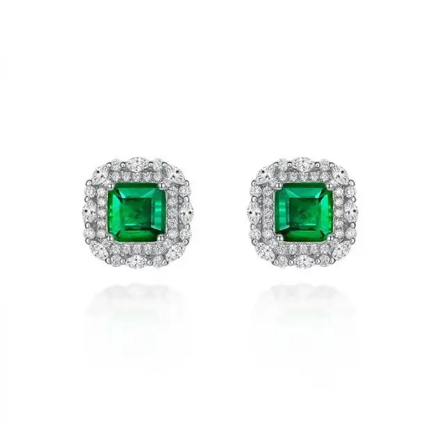 925 Sterling Silver Rhodium Plated Cubic Zirconia Square Princess Cut Emerald Stud Earrings Trendy Party Jewelry