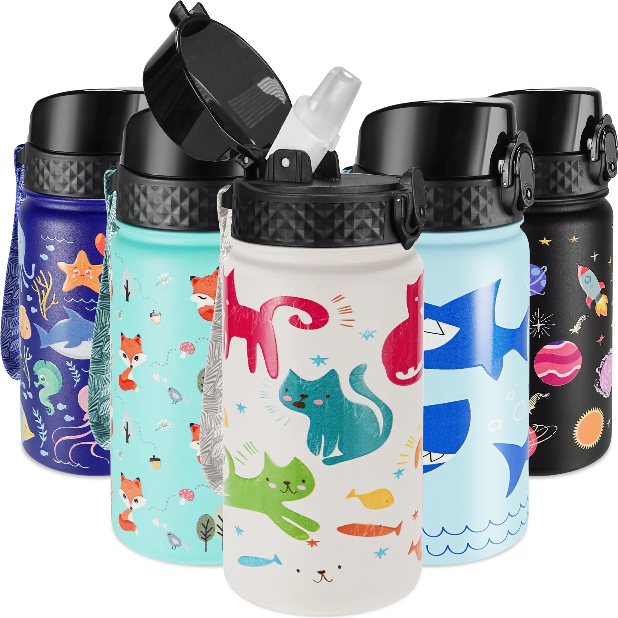 Haers 12oz BPA-FREE Leak Proof Double Wall Kids Thermos Stainless Steel Water Bottle with Straw for School Boys Girls