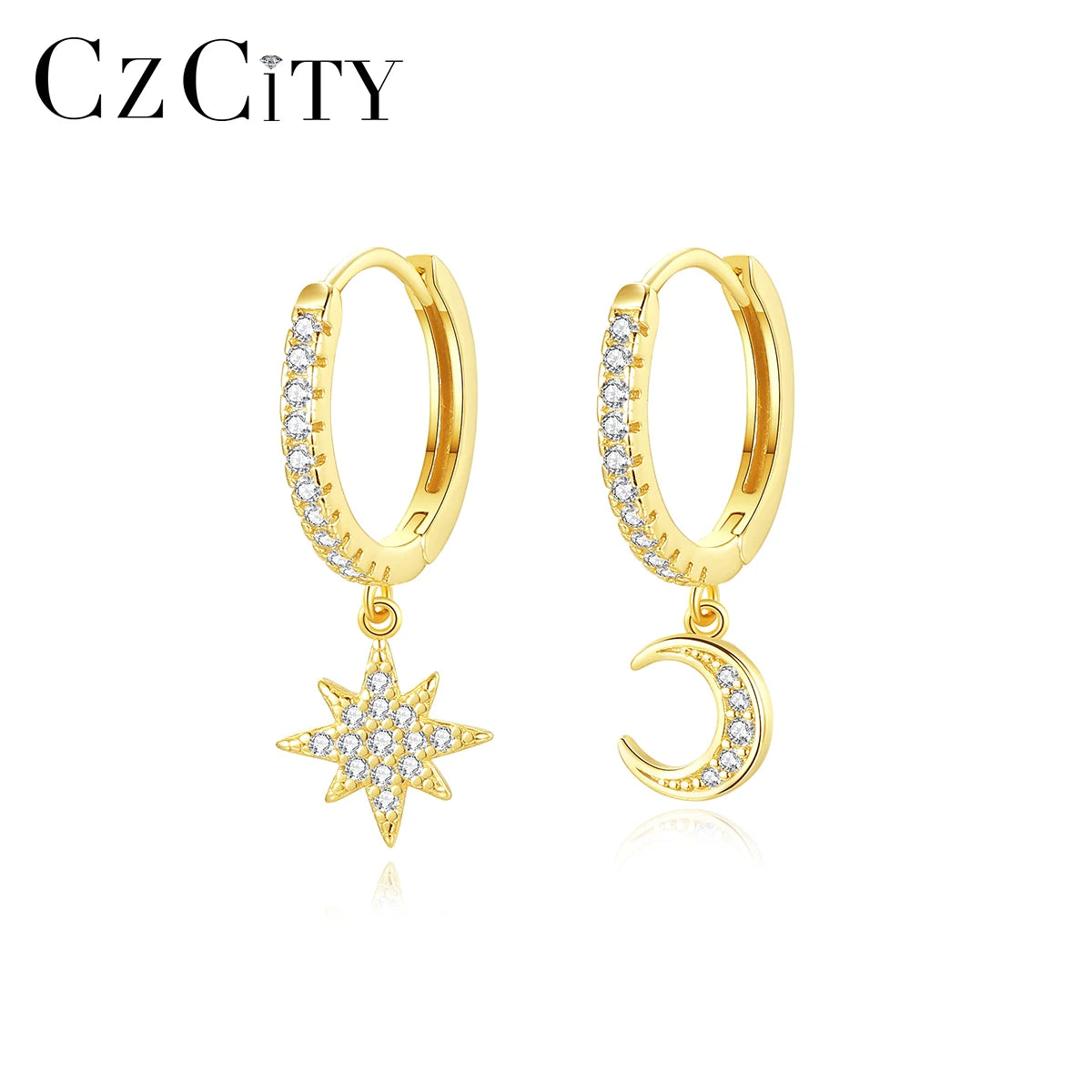 CZCITY Silver 925 Sterling Hoop Cz Dangle 5A Clip-On Zirconia Moon and Star Huggie Earrings Gold Plated