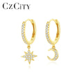 CZCITY Silver 925 Sterling Hoop Cz Dangle 5A Clip-On Zirconia Moon and Star Huggie Earrings Gold Plated