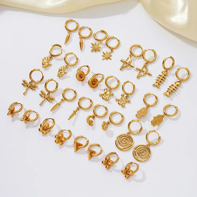 Cute Stainless Steel 18K Gold Plating Earring Palm Fishbone Dragonfly Skull Charms Huggie Earring Dangle EarJewelry for Women