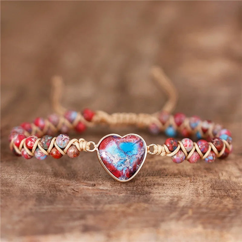 Boho Heart Charm Double Layers Weaving Imperial Jasper Beads Bracelets Macrame Yoga Friendship Lover Jewelry Wholesale
