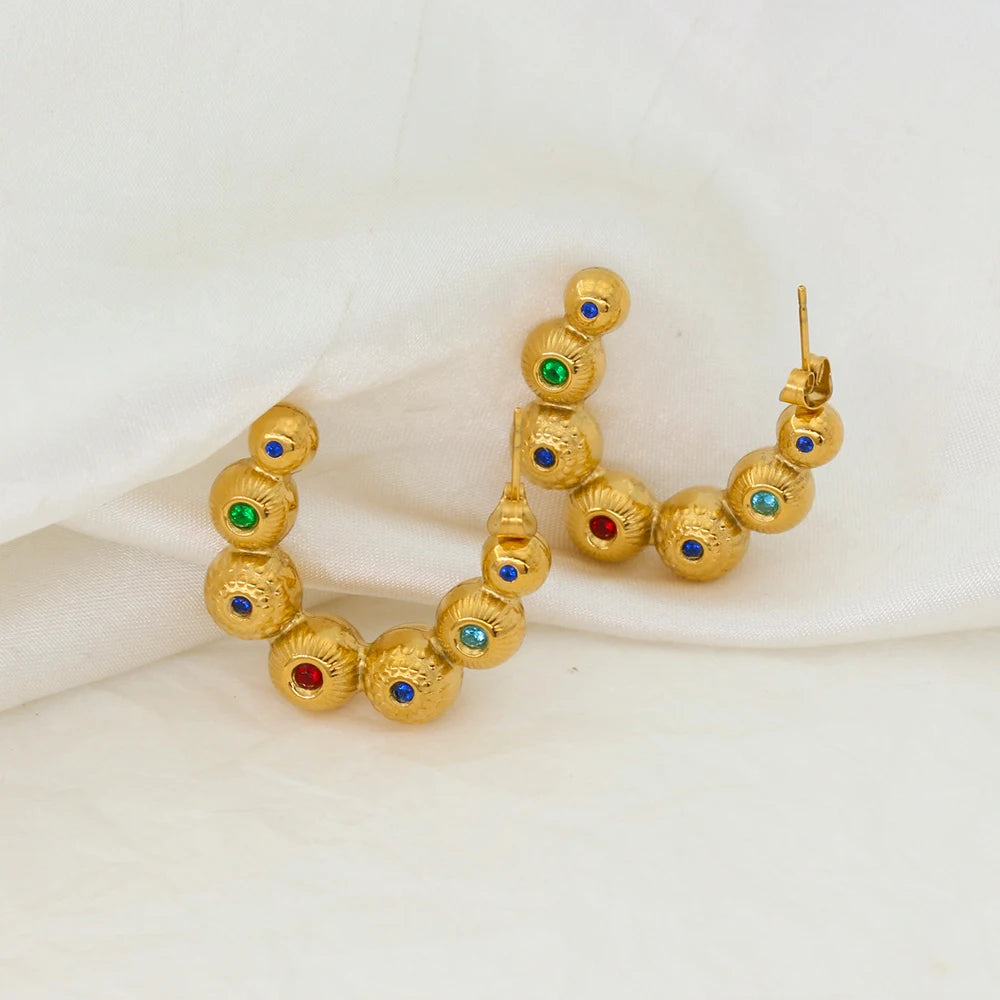 Stainless Steel Gold Beads Joint C-Shaped Earrings Women Colourful AAA Zirconia Ball Curve 18k Gold Plated Jewelry