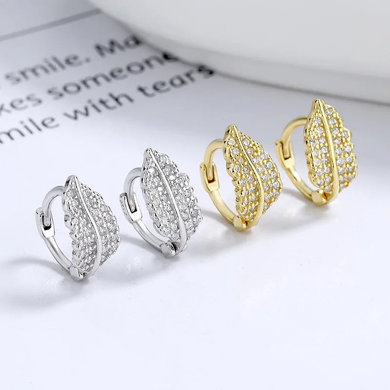 Fashion Jewelry 925 Sterling Silver Earrings Leaf Full Diamond Gold Plated Hoop Earrings for Women