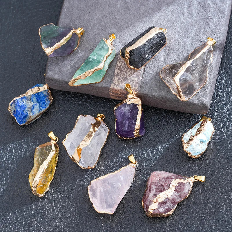 Irregular Shape Natural Stone Crystal Necklaces Pendant Gold Color Wrap Charms for Jewelry Making DIY Accessory (SZ121)