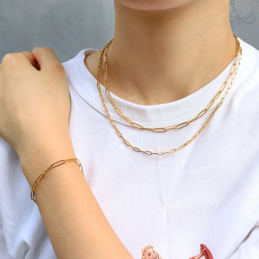 Minimalist Stainless Steel Jewelry Fashion 18K Gold Plated Paperclip Linked Chain Choker Necklace Bracelet Set