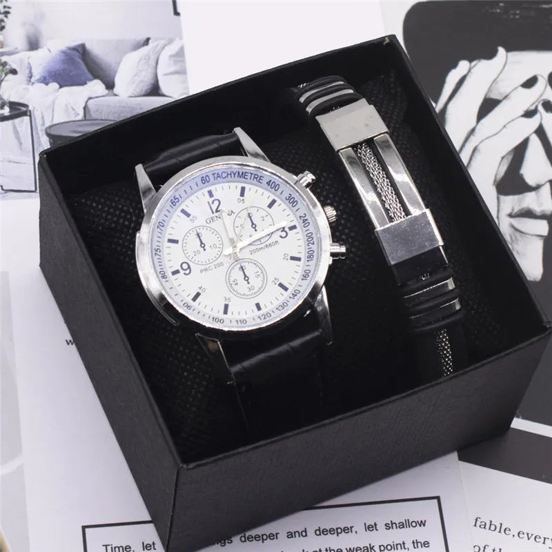 Men Watch Two Pieces Bracelet Set Quartz Wrist Watch Business Clock Calendar Chronograph Men Jewelry with Free Gift Box Sport