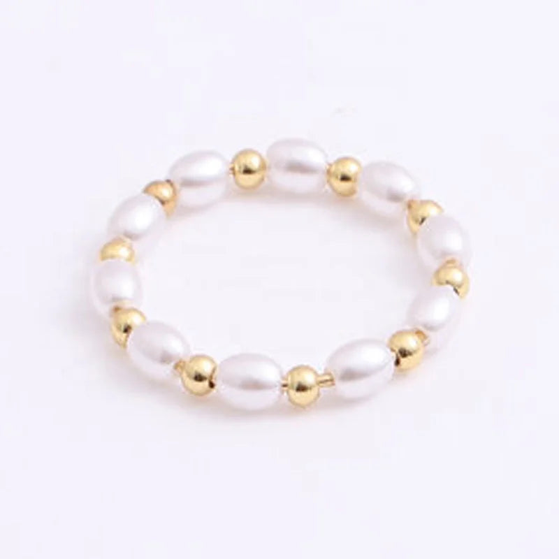 Hot Sale Women Fashion Dainty Minimalist Cute Jewelry18k Gold Plated Stainless Steel Small Gold Beaded Pearl Ring