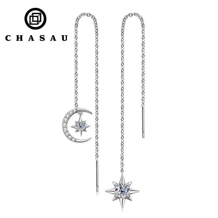 NEW Trendy 5mm 0.5CT Moissanite 925 Sterling Silver Asymmetry Star Moon Ear Thread Fashion Threader Earring