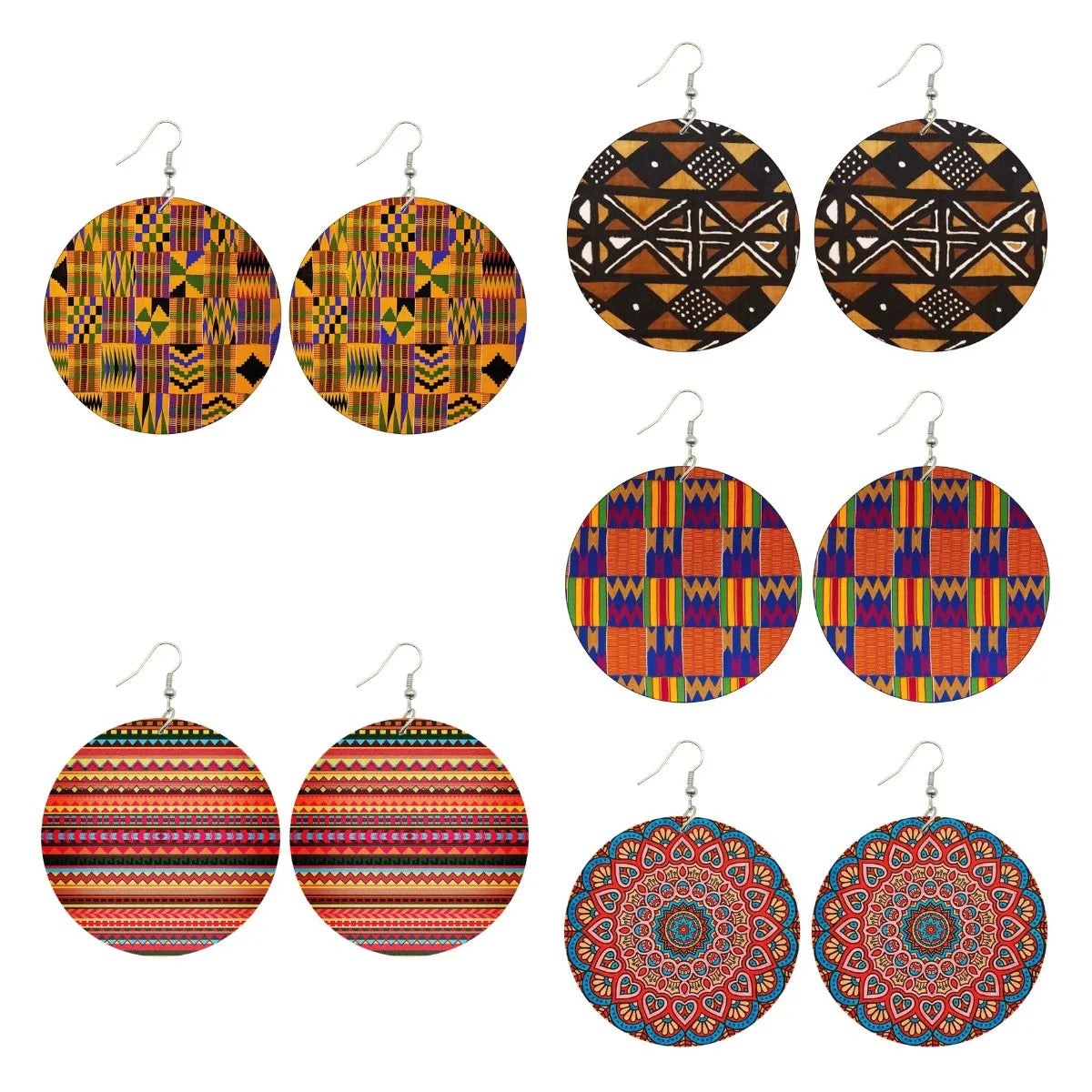 Vintage Afro Fabric Designs Printed Wooden Drop Earrings Polynesian African Ethnic Bohemian Pattern Loops Dangle for Women