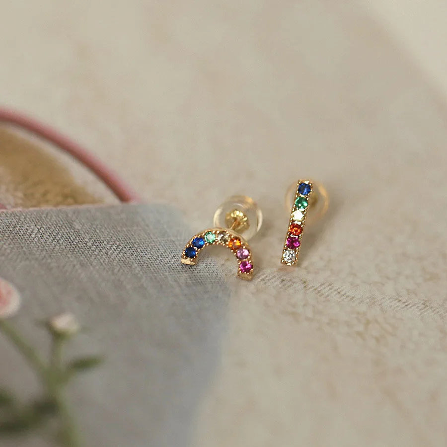 Cute INS Gold Plated Pure 925 Sterling Silver Asymmetrical Rainbow Zircon Stud Earrings for Women Girls