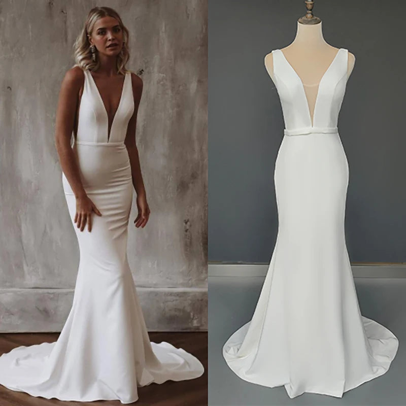 8839#Deep V Neck Mermaid Bohemian Boho Vintage Vestido De Noiva Sweep Train Sleeveless Satin Backless Wedding Dress Bridal Gown