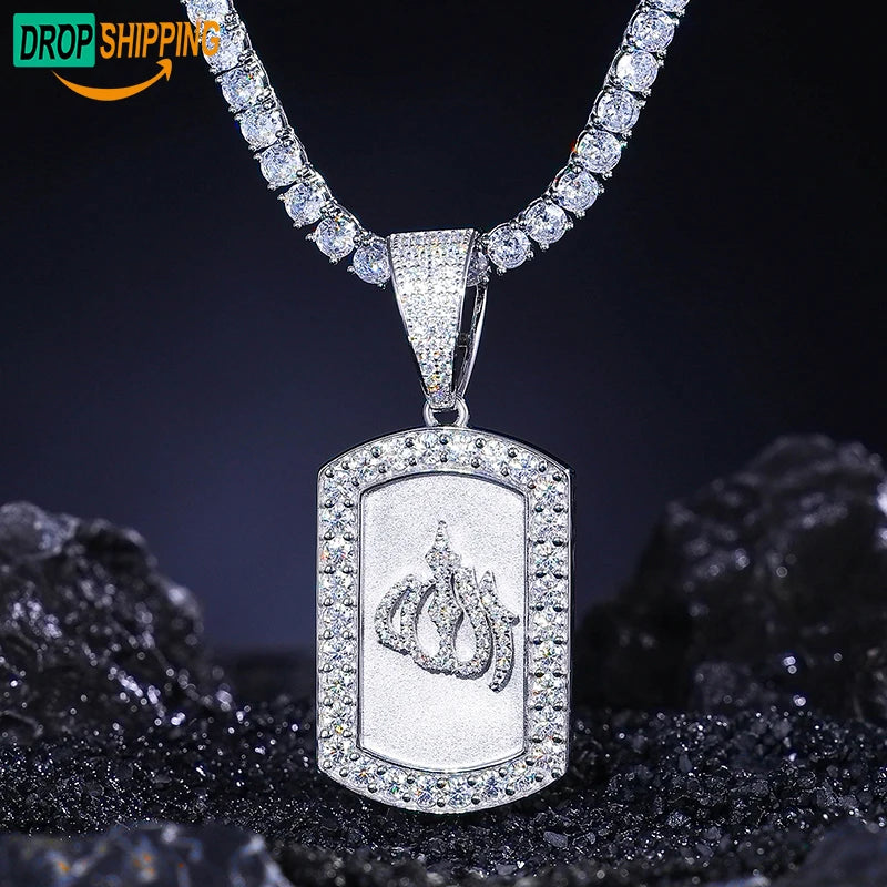 Dropshipping Factory Price Real 925 Sterling Silver VVS Moissanite Diamond Iced Out Allah Pattern Tag Pendant Necklace