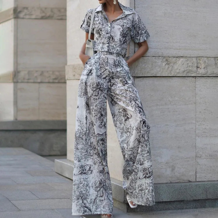 Enyami Women Y2K Animal Forest Printing 2 Piece Outfit Short Sleeve Button Shirt Button Fall Streetwear Pants Lounge Set
