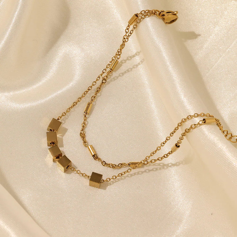 Gold Plated Double Layers Link Chains Bracelet Stainless Steel Waterproof Square Beaded Bracelets Bijoux Acier Inoxydable