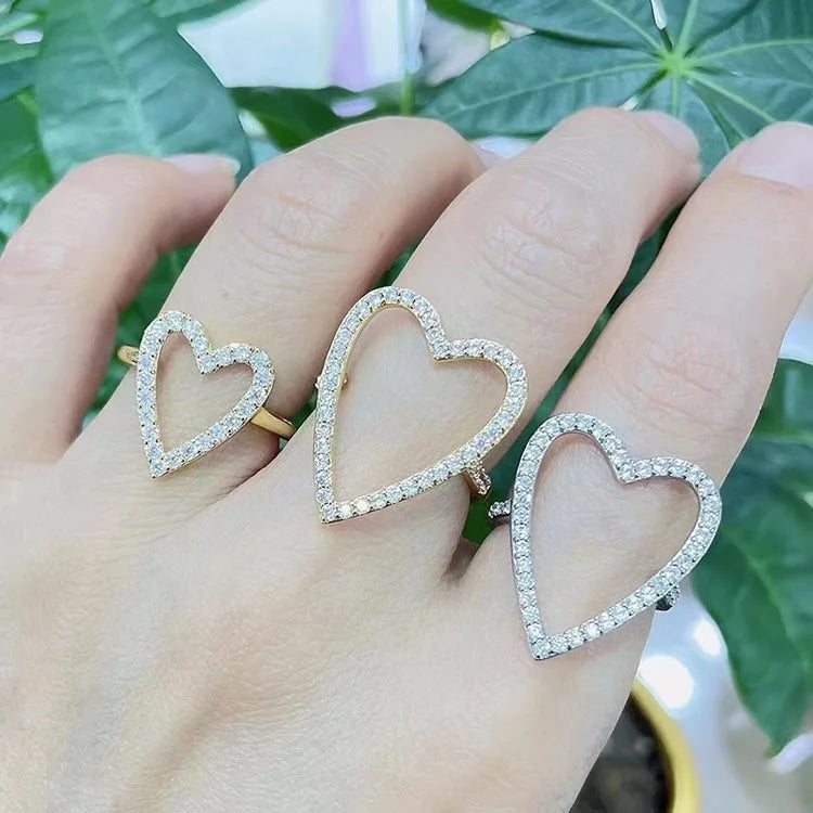 RM1582 Chic 18K Gold Petite Diamond CZ Hollow Out Heart Frame Multi Layer Stacking Rings Engagement Ring Gift for Her