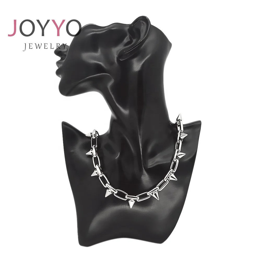 2023 New Design Women's Hip Hop Style Silver Stainless Steel Spike Rivet Choker Necklace Link Chain for Gift or Wedding