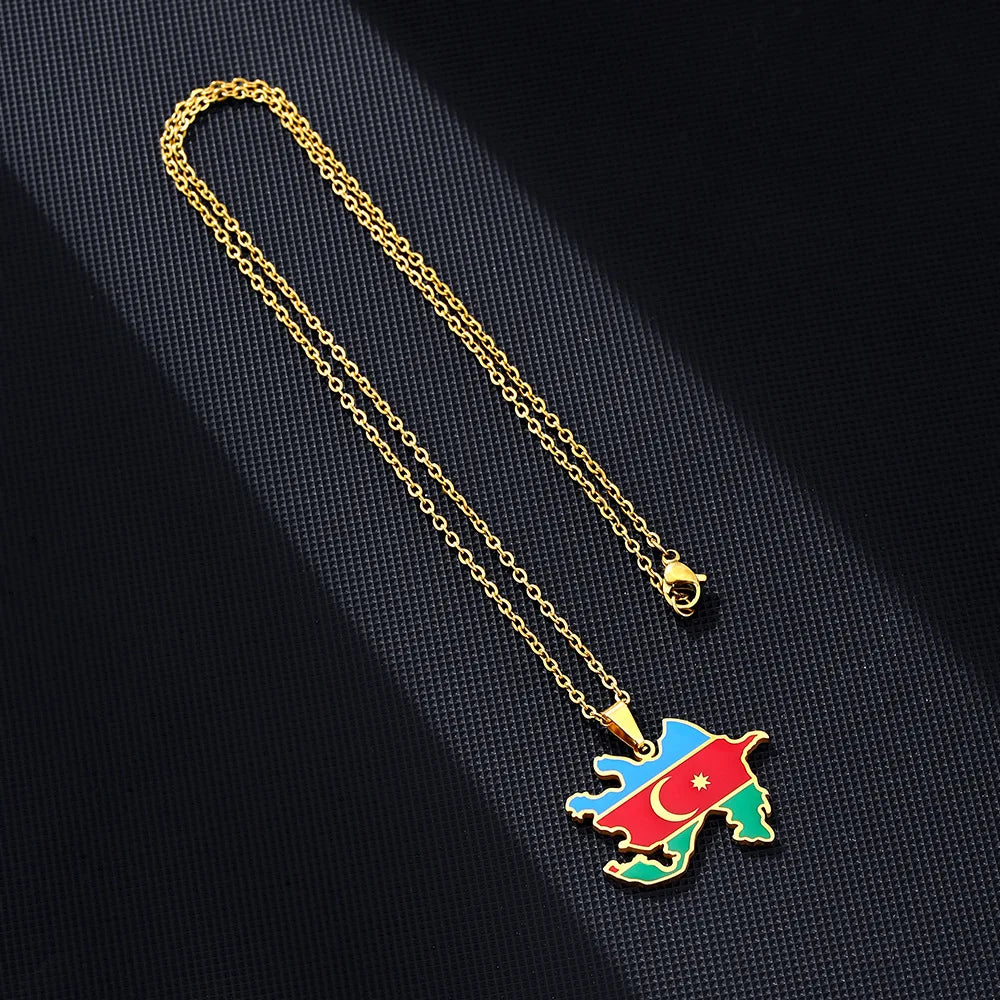 Stainless Steel Enameled Azerbaijan Map Chain Necklaces 18K Gold Azerbaijanis Country City National Flag Map Pendant Necklace