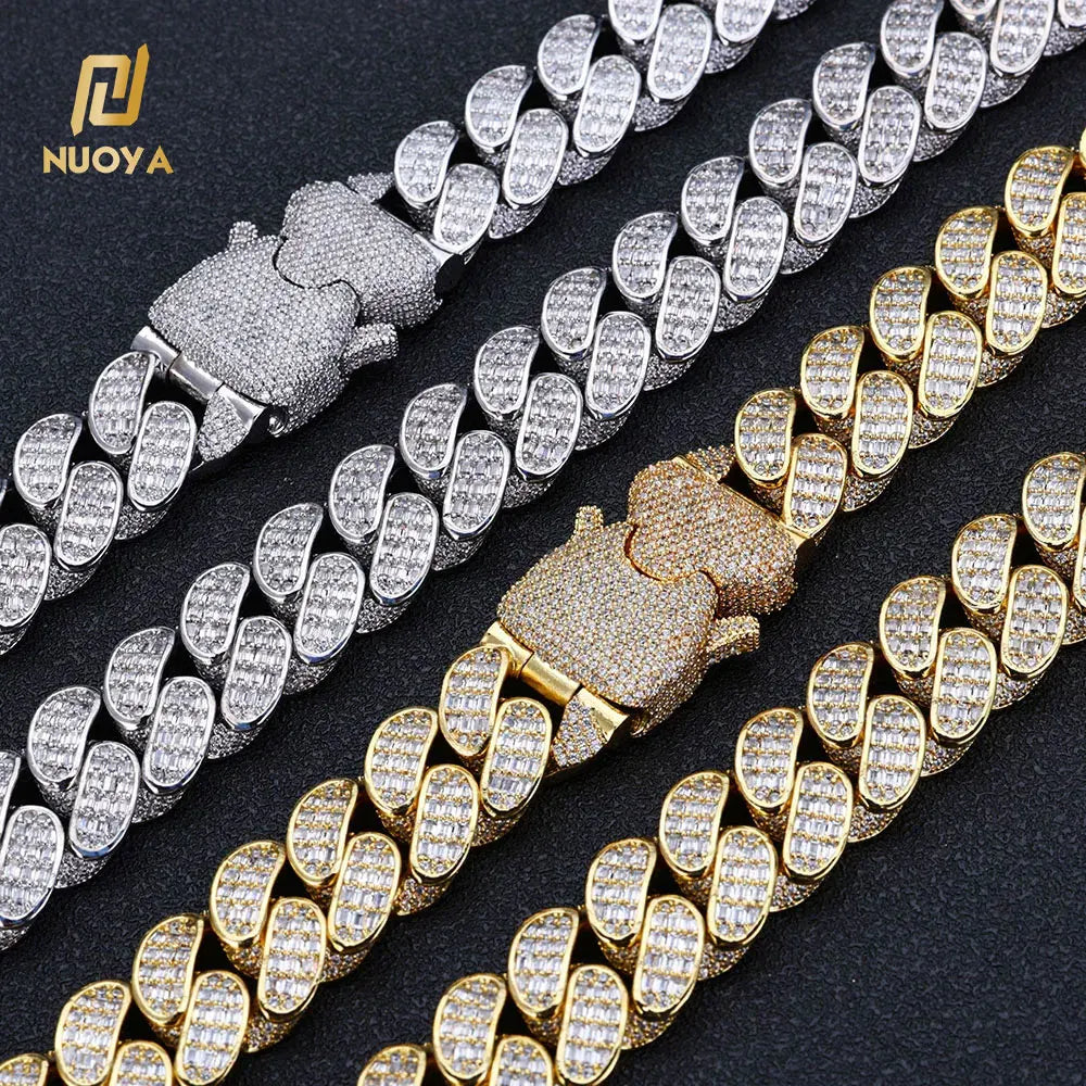 NUOYA New Style Spring Clasp Chains Necklace Shiny Baguette Diamond Cuban Link Chain White Gold Necklace Women's Hip Hop Jewelry