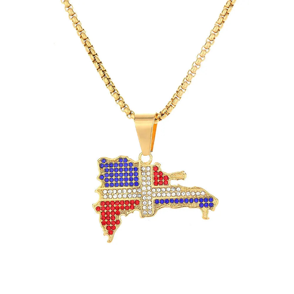 18K Gold Crystal Dominican Flag Charm Link Chain Necklace with Rhinestone Manufacturer Zircon Dominican Map Pendant Necklace