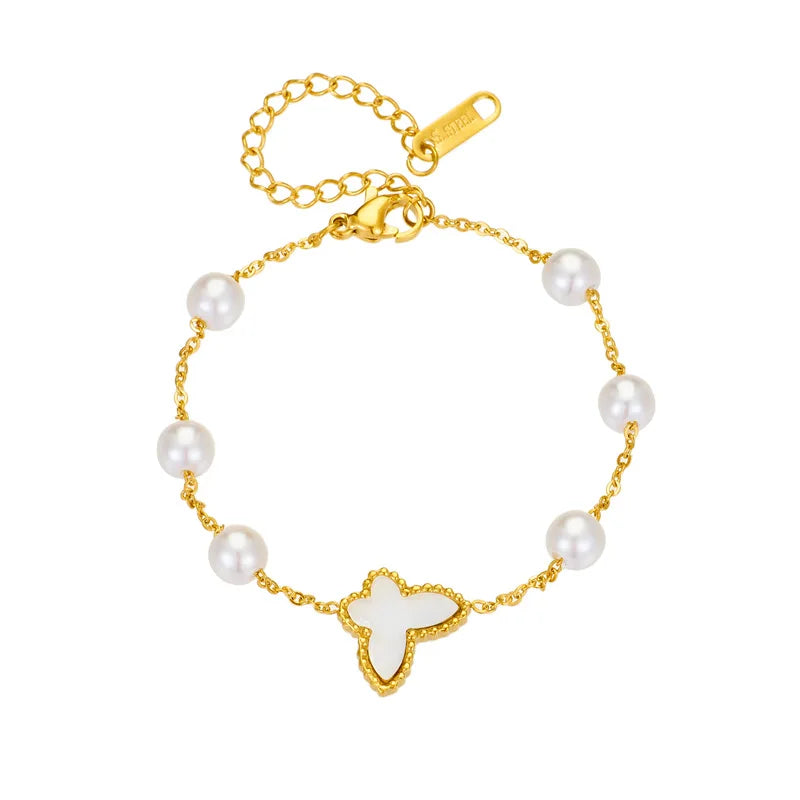Nabest Women 18K Gold Plated Shell Charm Butterfly Bracelets Jewelry Tarnish Free Stainless Steel Pearl Beads Bracelet