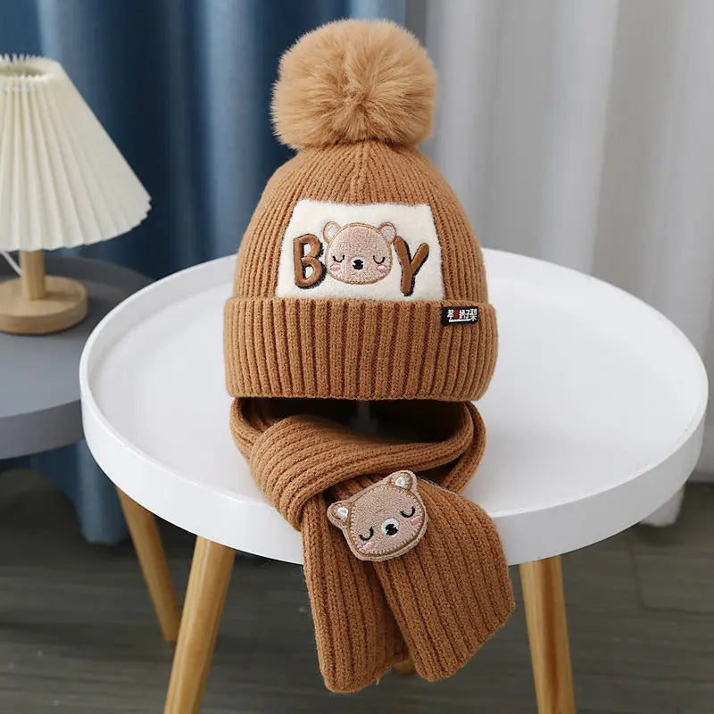 100% Acrylic Winter Warm Knitted Beanie Hat Set for Boys and Girls Solid Caps Toques and Scarf for Children