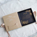 Custom Luxury White Foil  HardCover Box with Gold Foil Clear Acrylic Wedding Invitations RSVP Pocket Ribbon Bow Decoration Khaki