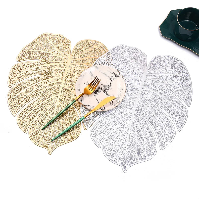 Custom Leaves PVC Vinyl Metallic Leaf Shape Placemats Decorative Dinning Table Mats Luxury Placemats Quilted Placemat