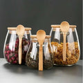 Kitchen Glass Jar Glass Spice Jar Bamboo Wooden Lid Food Storage Container With Spoon Multi Size Pearl Cotton Packaging