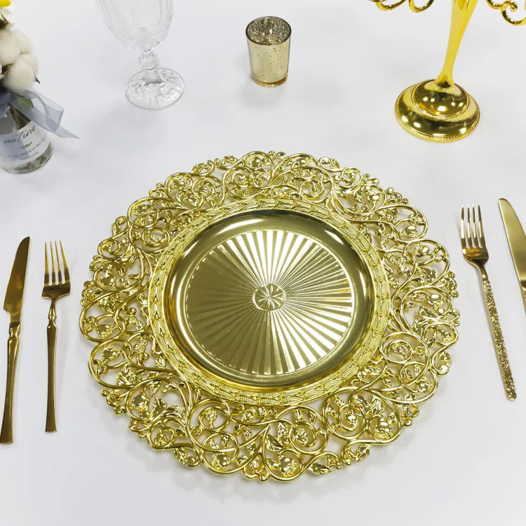 Wholesale Luxury 13 Inches Floral Plastic Charger Plates Party Supplies Plastic Under Plate for Wedding