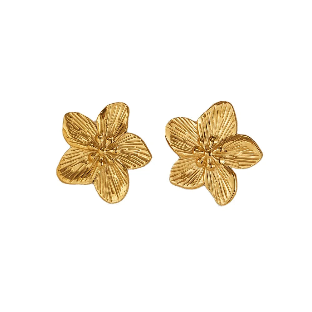 Ouj Hypoallergenic Quality Non Tarnish Gold Plated Stainless Steel 30MM Exaggerated Big Textured Flower Stud Earrings for Women