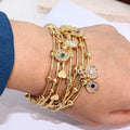 BC2113 18K Gold Plated Brass Beaded Bracelet Cuff Bangle with CZ Micro Pave Dollar Sign Daisy Satellite Bee Dangle Charms