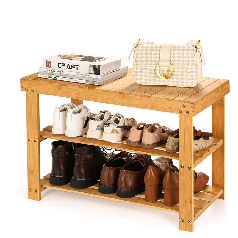 Bamboo Shoes Storage Shelf Cabinet Rack Bench 3 Tiers Natural Bamboo Shoe Rack Eco-Friendly Shoe Rack for Entryway Storage