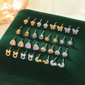 Fashion Jewelry 925 Sterling Silver Earrings Cat Claw Heart butterfly Flower Bowknot pink Zircon Gold Plated Stud Earrings