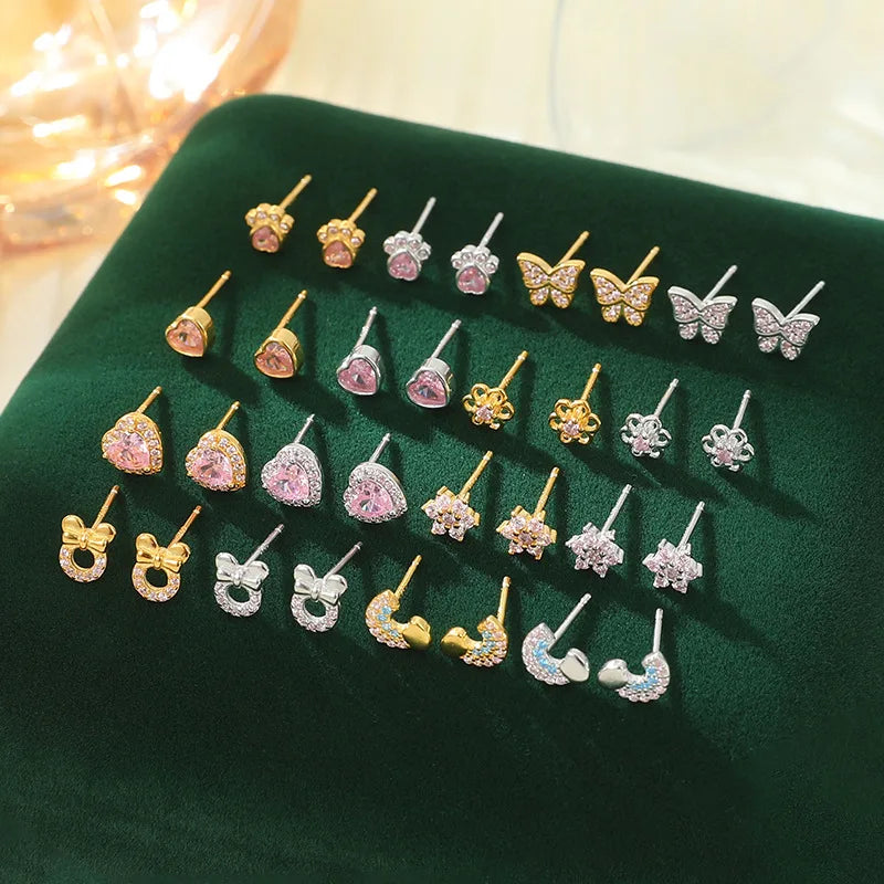 Fashion Jewelry 925 Sterling Silver Earrings Cat Claw Heart butterfly Flower Bowknot pink Zircon Gold Plated Stud Earrings